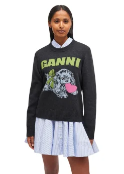 Dame Ganni Strik>Graphic Wool Mix Puppy Love Crewneck
